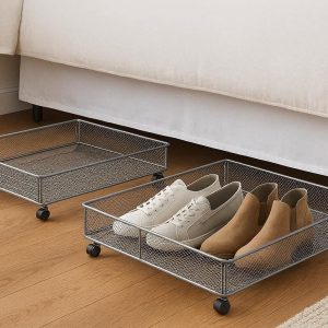 19 Metal Underbed Storage Trays Rolling Wire Mesh Shoe Rack Organizer for Bedroom Furniture